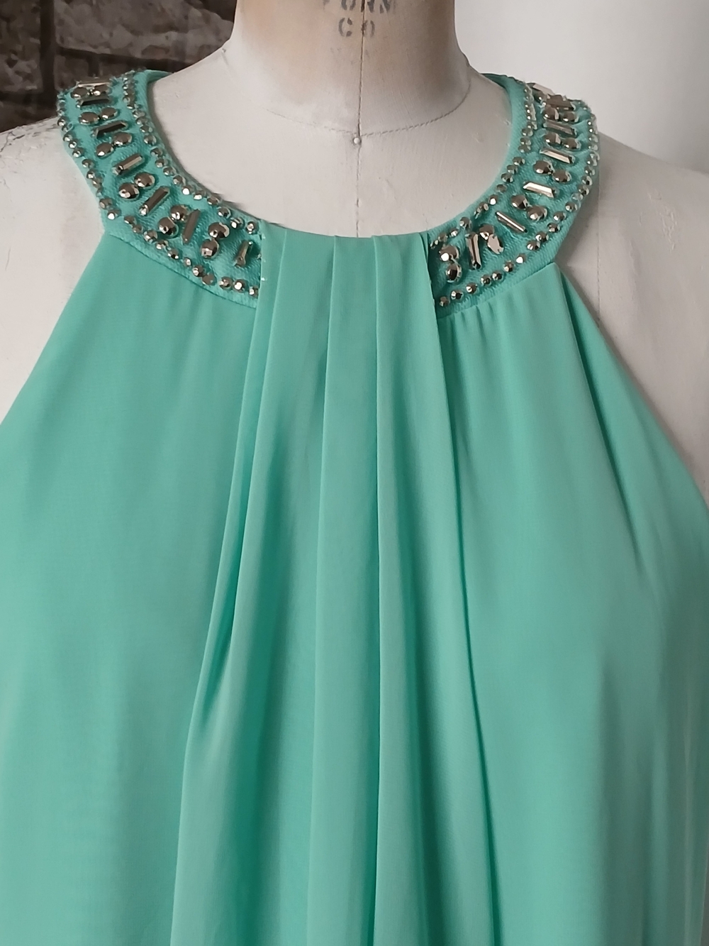 Beaded Halter Midi in Aqua Green Women's Evening Dress. - Picture 3 of 12